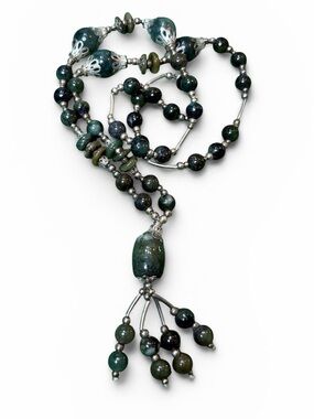 Handmade Jade Beaded Tassel Pendant Necklace 28” Healing Stone